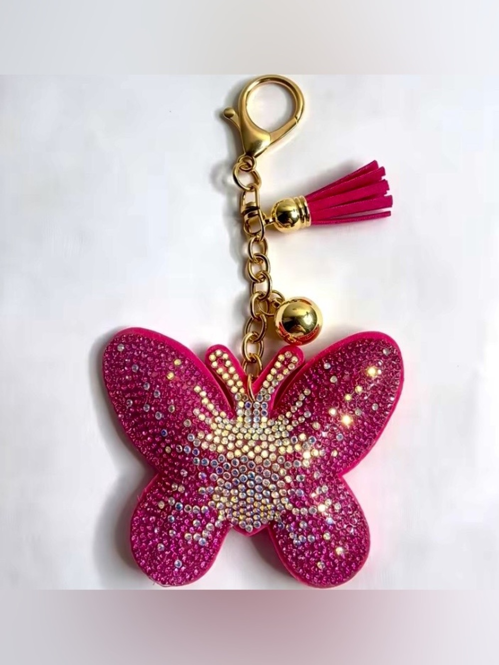 Beautiful Pink Crystal Butterfly Tassel Bag Charm Keychain